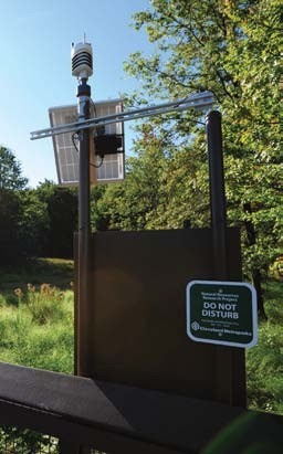 A wetland monitoring station in the 500-acre West Creek Preserve transmits weather, water quality, and hydrology data via real-time cellular telemetry.