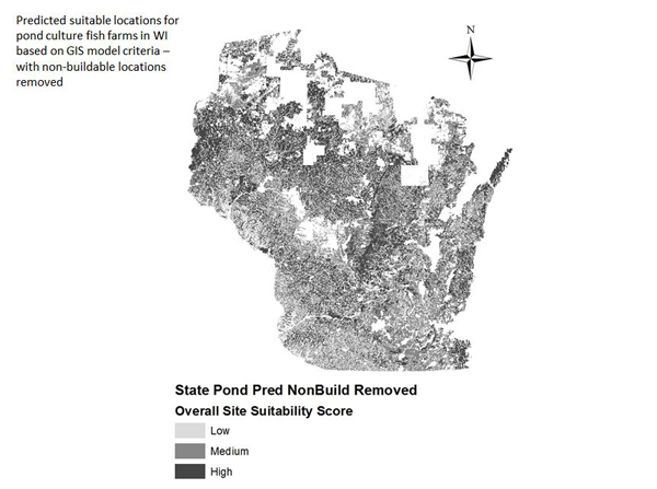 Model-predicted suitable locations for pond fish farms (Credit: University of Wisconsin - Stevens Point)