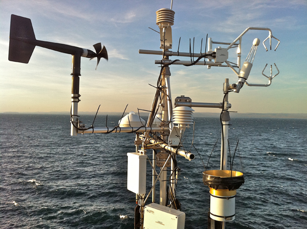 An advanced weather station over Lake Superior provides data for evaporation rate calculations (Credit: John Lenters)