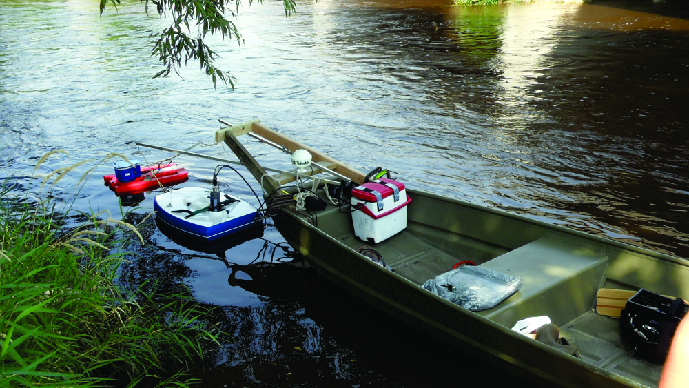 The survey setup on the Milwaukee River included Teledyne RDI StreamPro and Rio Grande acoustic Doppler current profilers and YSI multiparameter sondes (Credit: Rob Waschbusch/USGS)