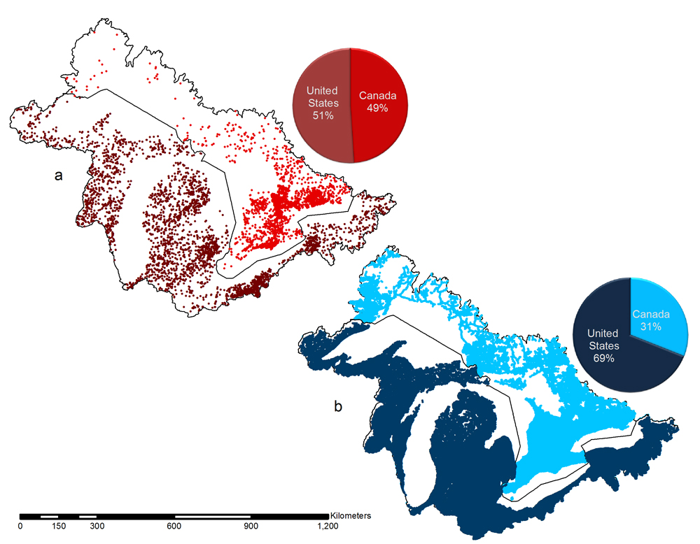 Potential barrier distribution in the US and Canada. Dams are in red (a) and the road crossings are in blue (b).