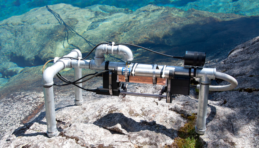 Instrument monitoring package, including a transmissometer, ready for deployment in Blue Lake. (Credit: Mark Gall)