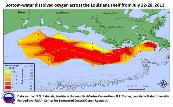 Map showing the Gulf of Mexico dead zone (Credit: Louisiana Universities Marine Consortium)