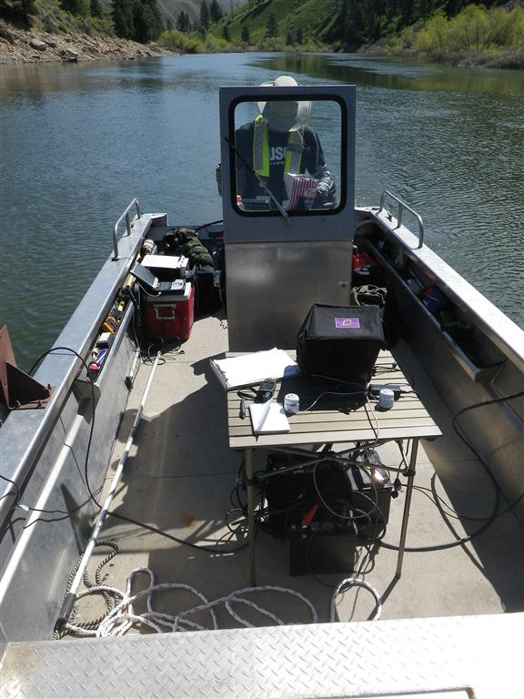 Mobile tracking surveys were conducted weekly with a boat-mounted receiver (Credit: USGS)