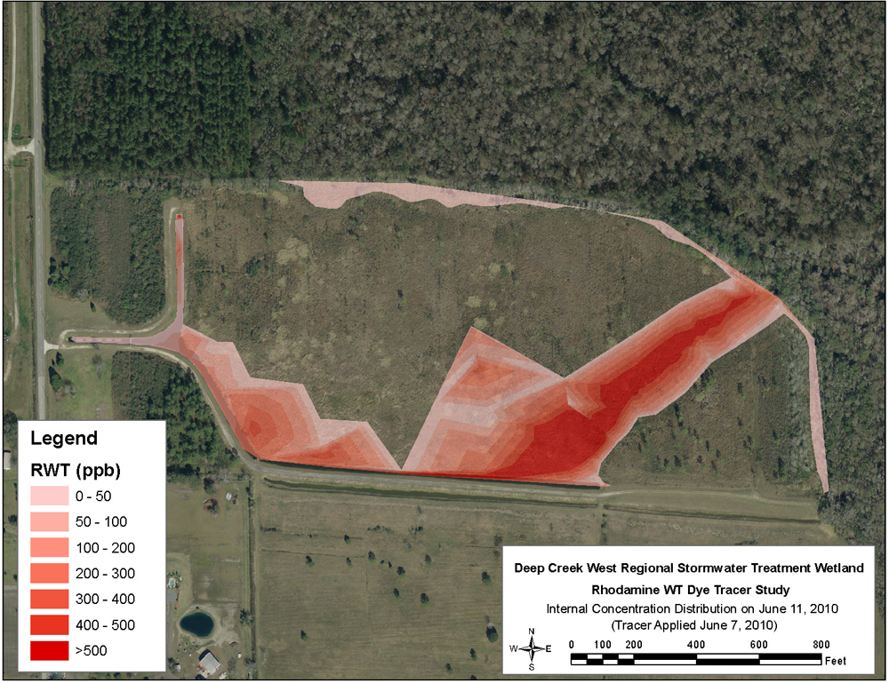 The dye concentration data helped define the channel where water flowed through the wetland (Credit: Wetland Solutions, Inc)