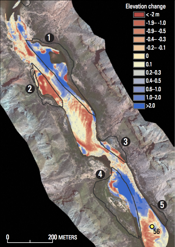 Data from topographic surveys shows erosion (red) and deposition (blue) between December 2004 and May 2009 (Credit: USGS)