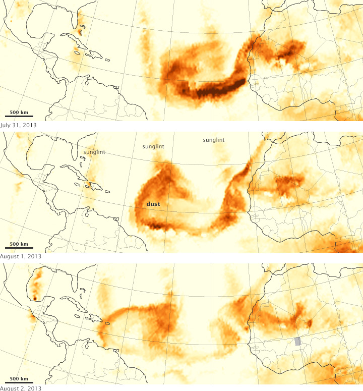 Data from the Suomi NPP satellite shoes concentrations of aerosol particles on July 31 to Aug. 2 this year (Credit: NASA)