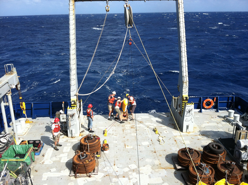 The team deployed profilers that crawl up and down Kevlar lines recording measurements of turbidity (Credit: University of Washington)
