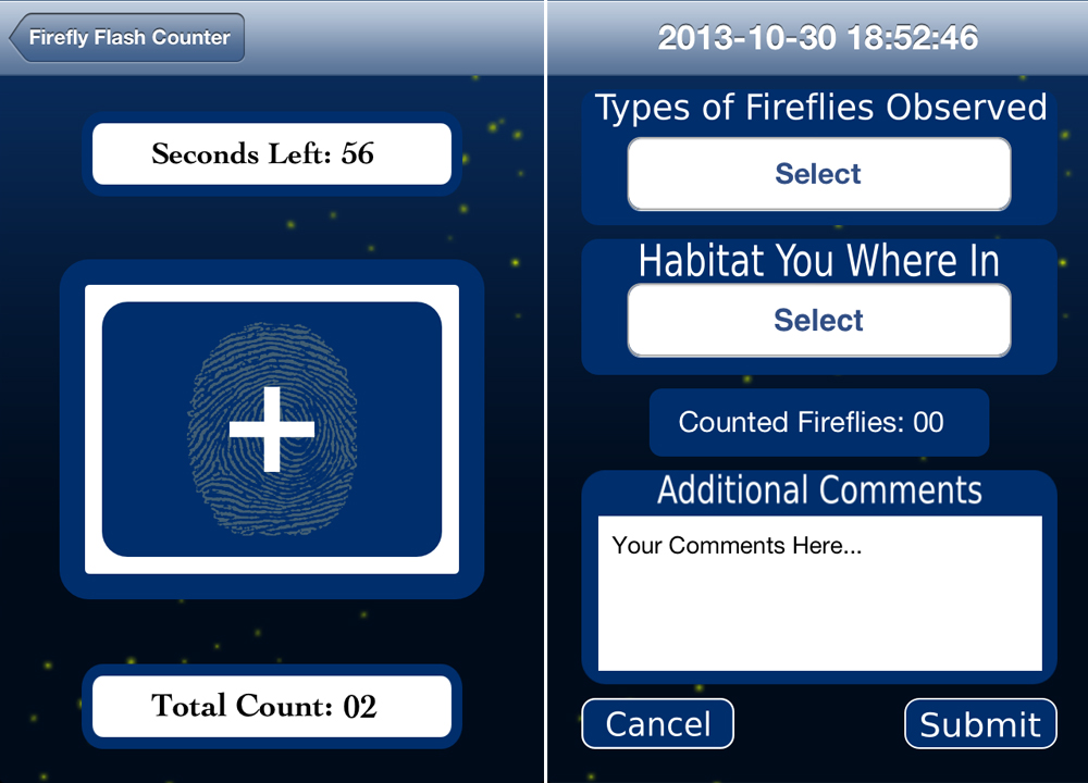 Screenshots from the Firefly Flash Counter, showing the counting and data submission screens (Credit: Clemson University)