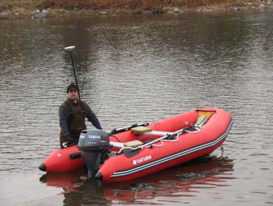 A Zodiac inflatable boat was used for a Delaware River bathymetric survey to allow access to the shallow waters. An RTK GPS system was used for GPS positions.