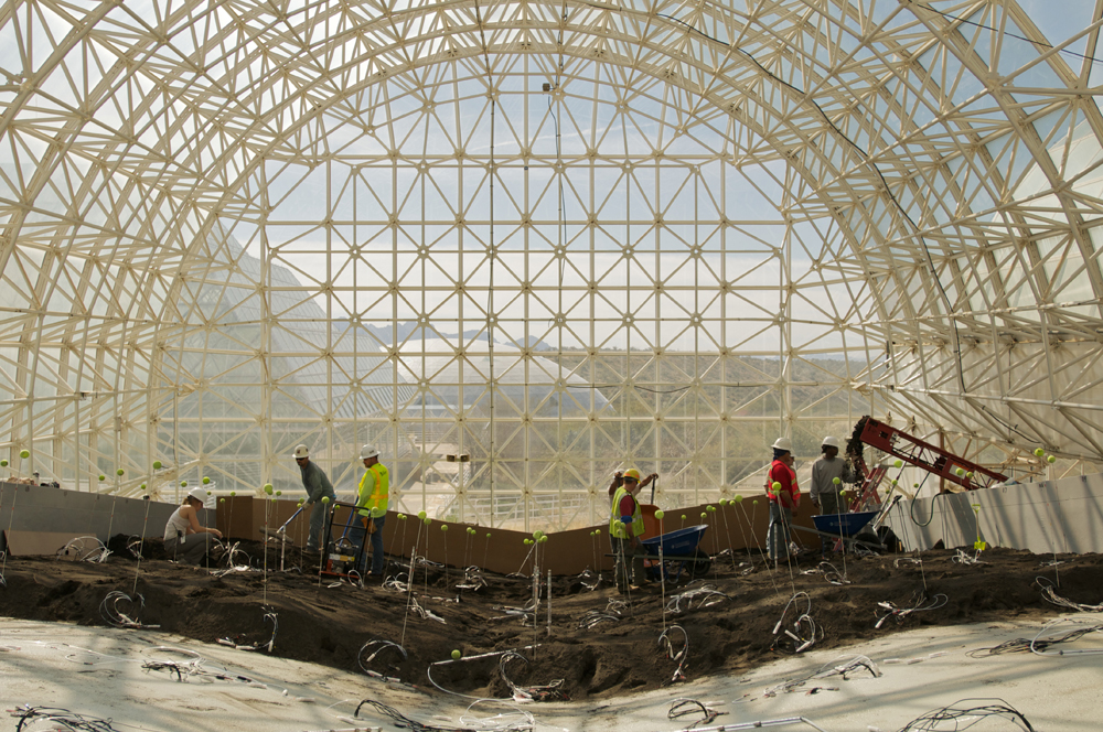 Construction underway on one of the Landscape Evolution Observatory troughs, which will enable scientists to better understand how water moves through different soil types (Credit: Paul M. Ingram/Biosphere 2)