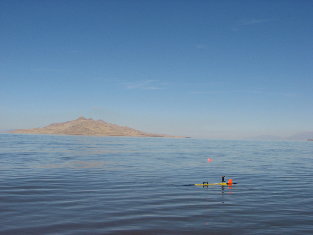 An AUV on the Great Salt Lake during a dye tracer study (Credit: USGS)