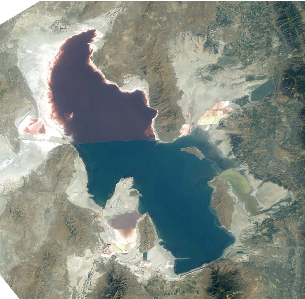 This photo of the Great Salt Lake from the International Space Station shows the clear division in water quality caused by the railroad causeway (Credit: NASA, via Wikimedia Commons)