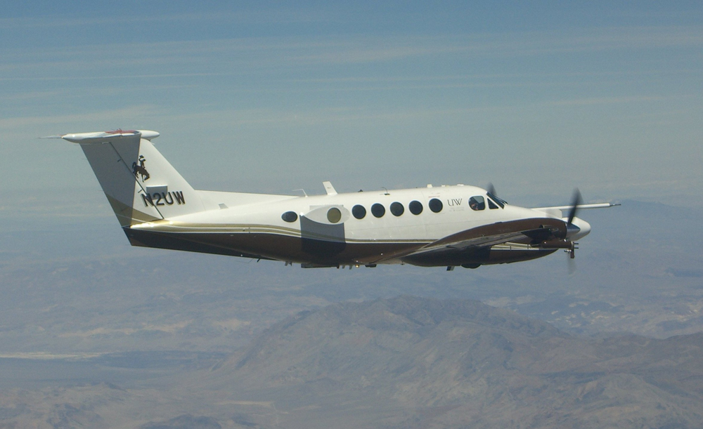 The University of Wyoming’s Beech King Air research plane collects air samples, performs chemical analyses and takes radar profiles of snow storms. (Credit: Vanda Grubisic/Desert Research Institute)