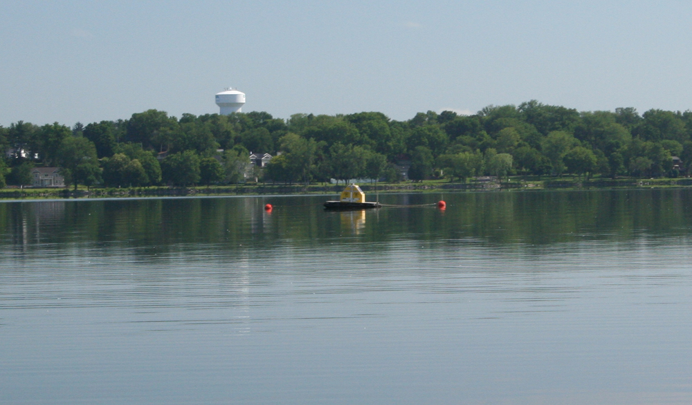 In addition to boat surveys, a buoy automatically measured vertical distribution of dye concentration in Onondaga Lake, near the mouth of Onondaga Creek (Credit: Upstate Freshwater Institute)