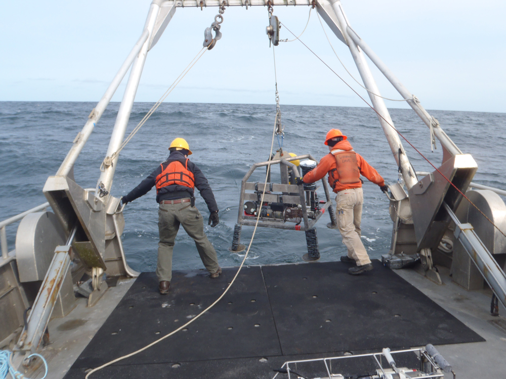Erik Arnesen and David O'Gorman (OSU) in 2011 with the instrument mooring before deployment 5 miles offshore of Yachats, Ore. (Credit: Oregon State University)