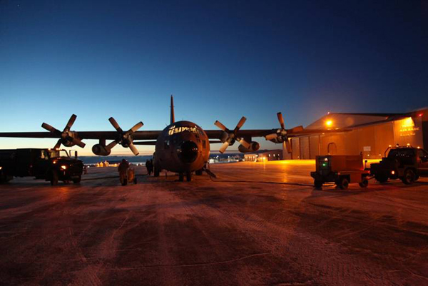 The C130 parked outside the hanger at Thule Air Base in Greenland (Credit: The LVIS team)