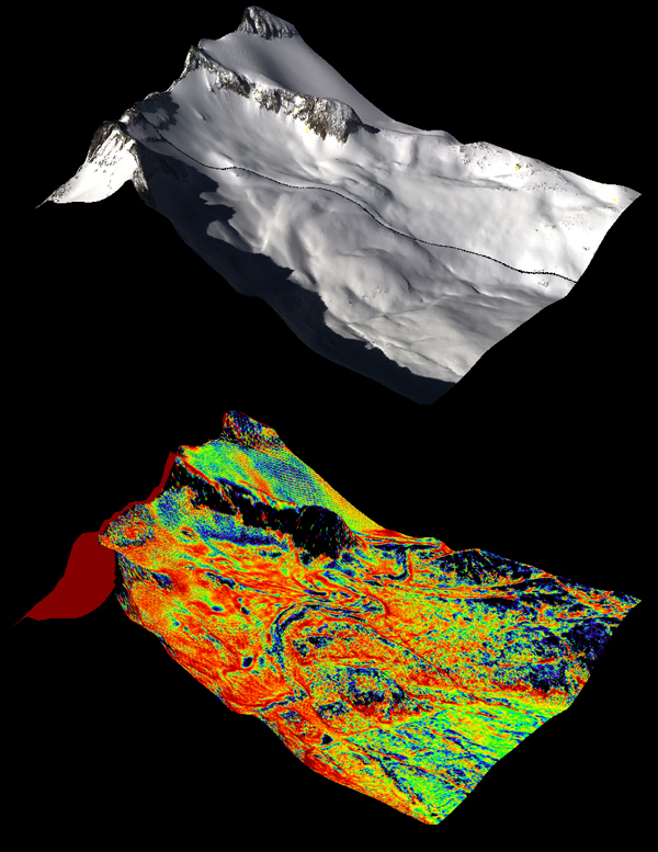 (Top) A natural color image of Mt. Lyell in the Tuolumne River Basin. (Bottom) A color composite image of snow depth on Mt. Lyell from NASA's Airborne Snow Observatory (Credit: NASA JPL/Caltech)