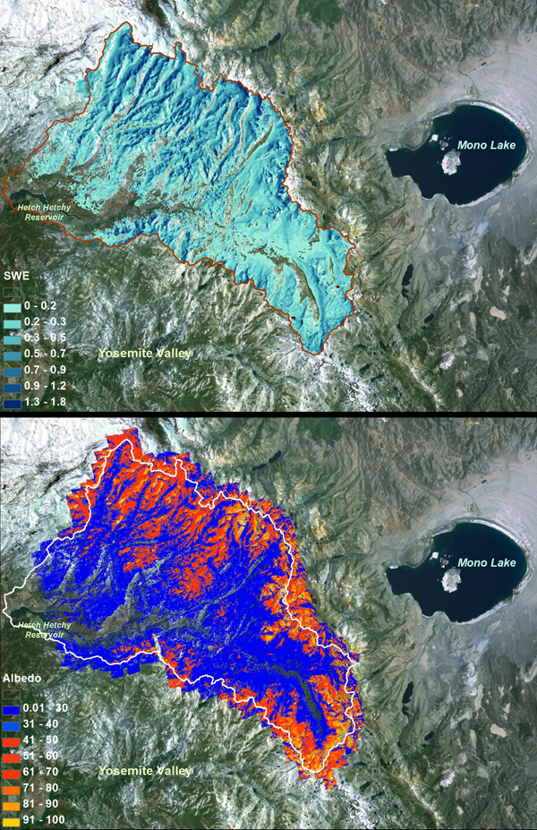 Top: Airborne Snow Observatory measurements of snow water equivalent, or the  the total water contained as snow, over the Tuolumne River Basin in California. Bottom: Snow albedo for the same area. (Credit: NASA/JPL-Caltech)
