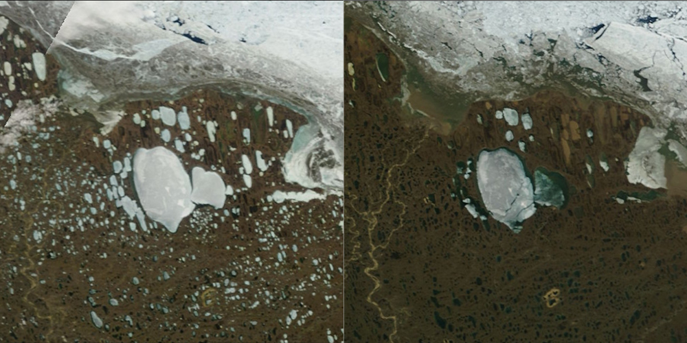 Images from NASA's Terra satellite show the difference in ice cover from June 21 to July 4, 2012 (Credit: NASA)