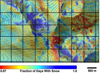 The image above indicates the fraction of days from all cloud-free Landsat scenes where snow cover was present for an 8 year period, documenting extreme variability in snow cover persistence in rugged alpine terrain. (Credit: USGS)