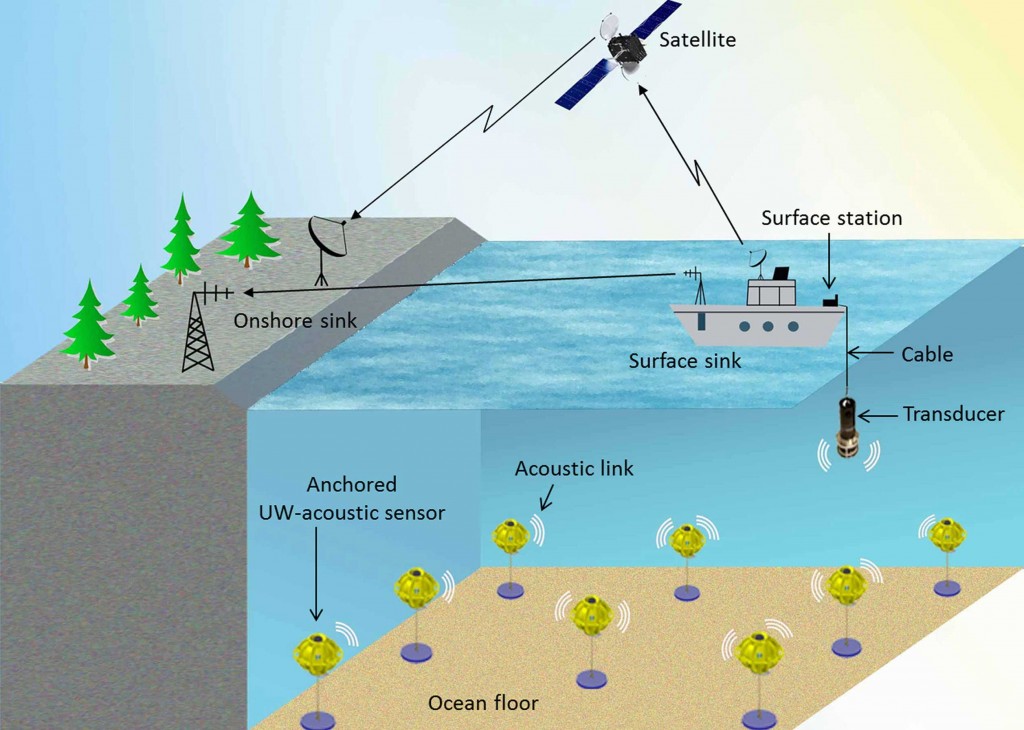A diagram of how underwater acoustic sounders would connect to surface Internet networks (Credit: Tommaso Melodia)