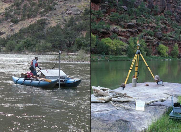 Bathymetric surveying with single-beam sonar (left) and a GNSS receiver positioned at a river corridor control point (right) (Credit: USGS)