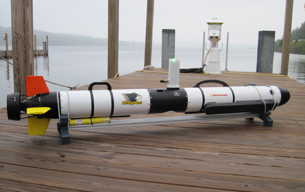 The IVER3 AUV, operated by Michigan Tech, will monitor the Straits of Mackinaw (Credit: Michigan Technical University/Great Lakes Research Center)