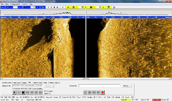 Side scan sonar images collected by the IVER 3 under the Straits of Mackinac during a trial run (Credit: Michigan Technological University/Great Lakes Research Center)