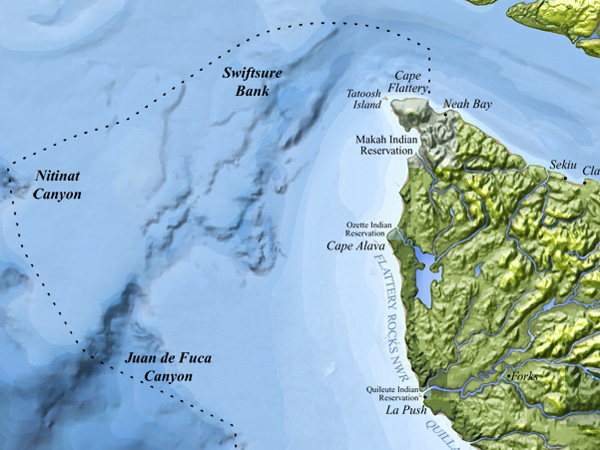A map of the regiona, including Juan de Fuca Canyon (Credit: NOAA Olympic Coast National Marine Sanctuary)