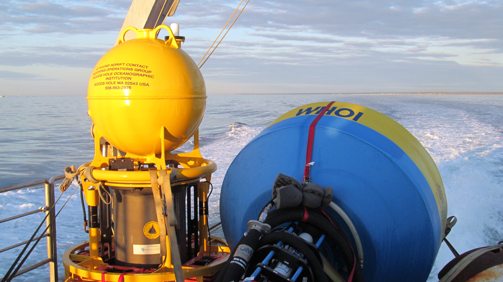 A WHOI ESP and buoy on the deck and ready for deployment (Credit: Woods Hole Oceanographic Institution)
