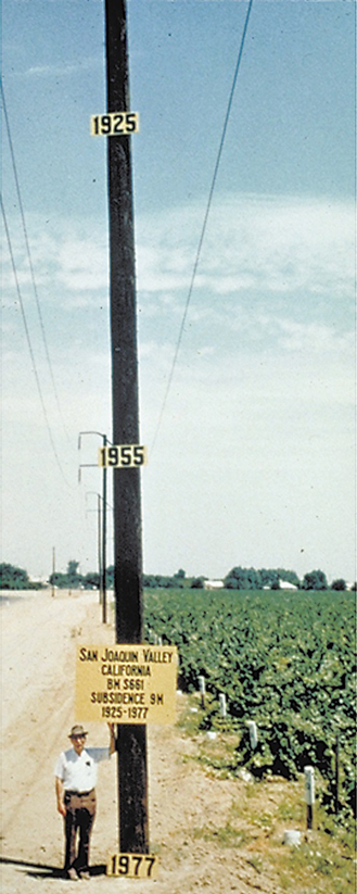 The approximate location of maximum subsidence in the United States the site in the San Joaquin Valley. Showing approximate altitude of land surface in 1925, 1955, and 1977.