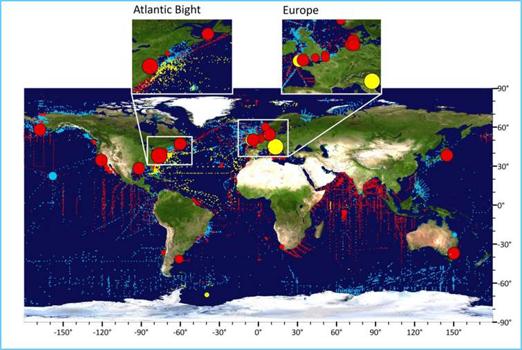 World map showing the location of jellyfish data held in the Jellyfish Database Initiative, JeDI