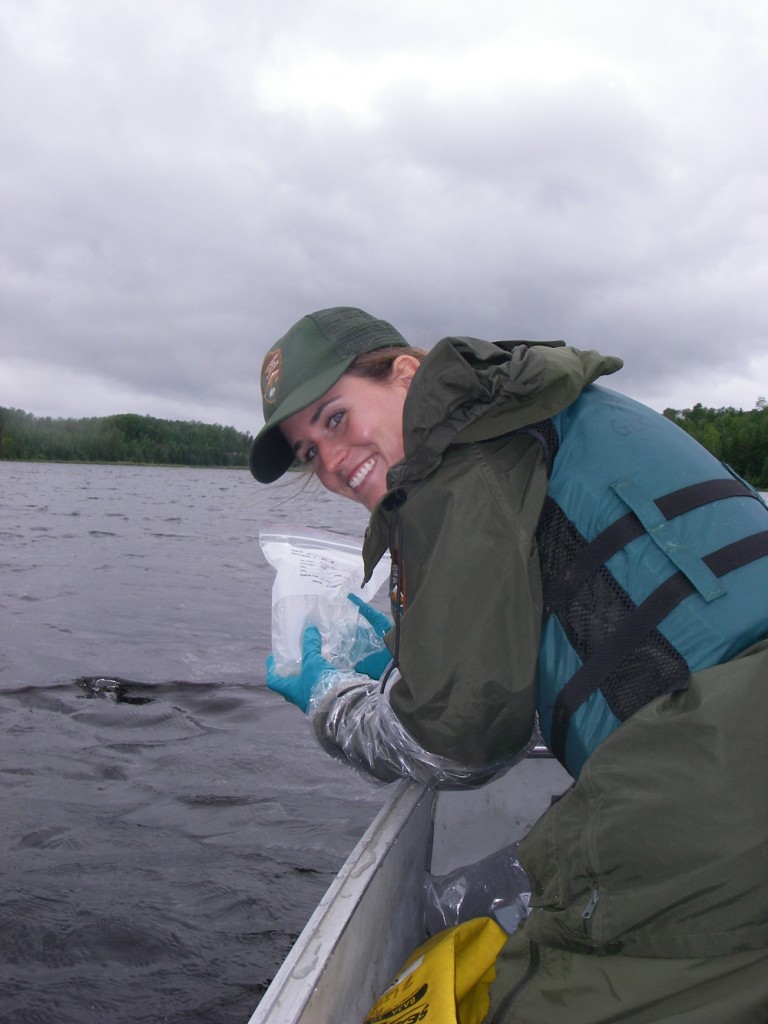 Jaime LeDuc from the National Park Service preparing to sample a study lakes for methylmercury analysis. (Credit: Joan Elias/National Park Service)