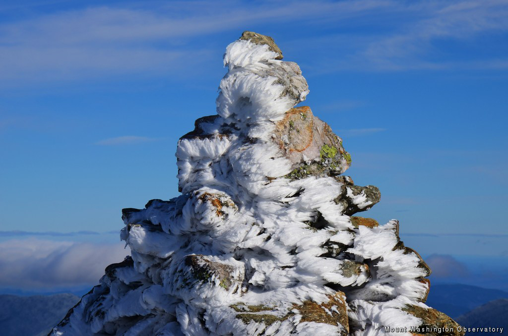 Rime ice on a Mount Washington cairn. (Credit: Tom Desmarais/Mount Washington Observatory Photo)