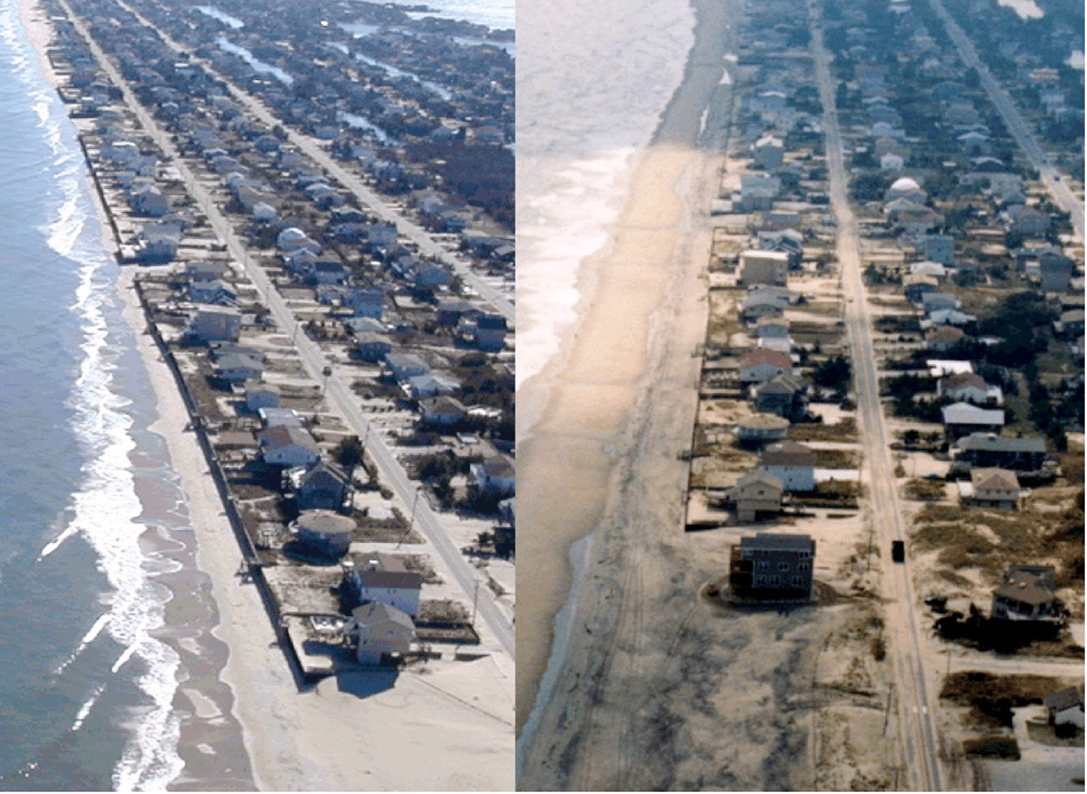 Sandbridge, Va., before (left) and after (right) beach nourishment. (Credit: Scott Hardaway/VIMS)