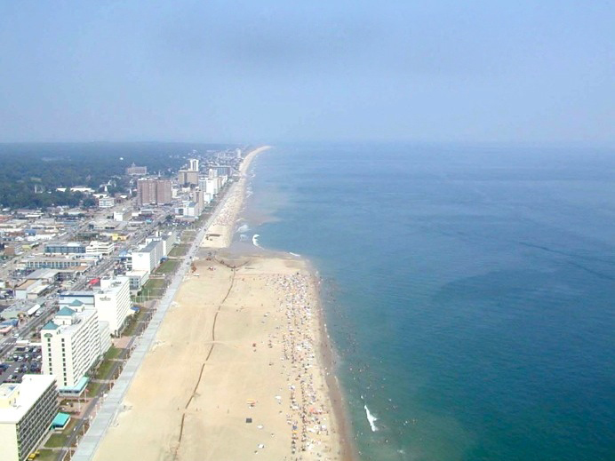 Aerial view of beach nourishment underway at Virginia Beach. (Credit: Scott Hardaway/VIMS)