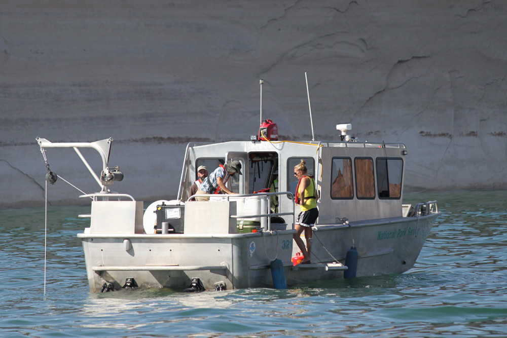 The crew handled water sampling from a 34-door National Park Service boat stationed in Glen Canyon National Recreation Area (Credit: USGS)