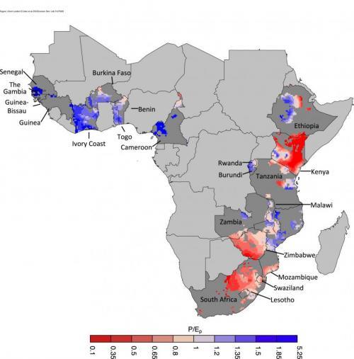 In redder areas, water availability is more limited by rainfall levels, while bluer areas are more limited by evaporative demand. (Credit: Environmental Research Letters)