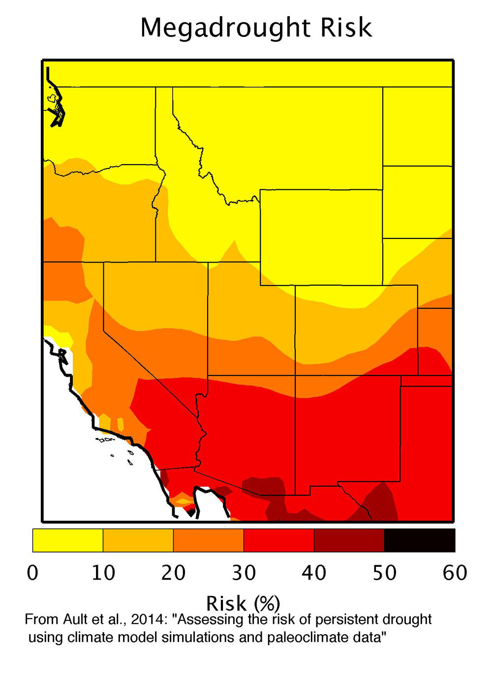 The risk of megadrought over the next century in the Southwest (Credit: Cornell University)