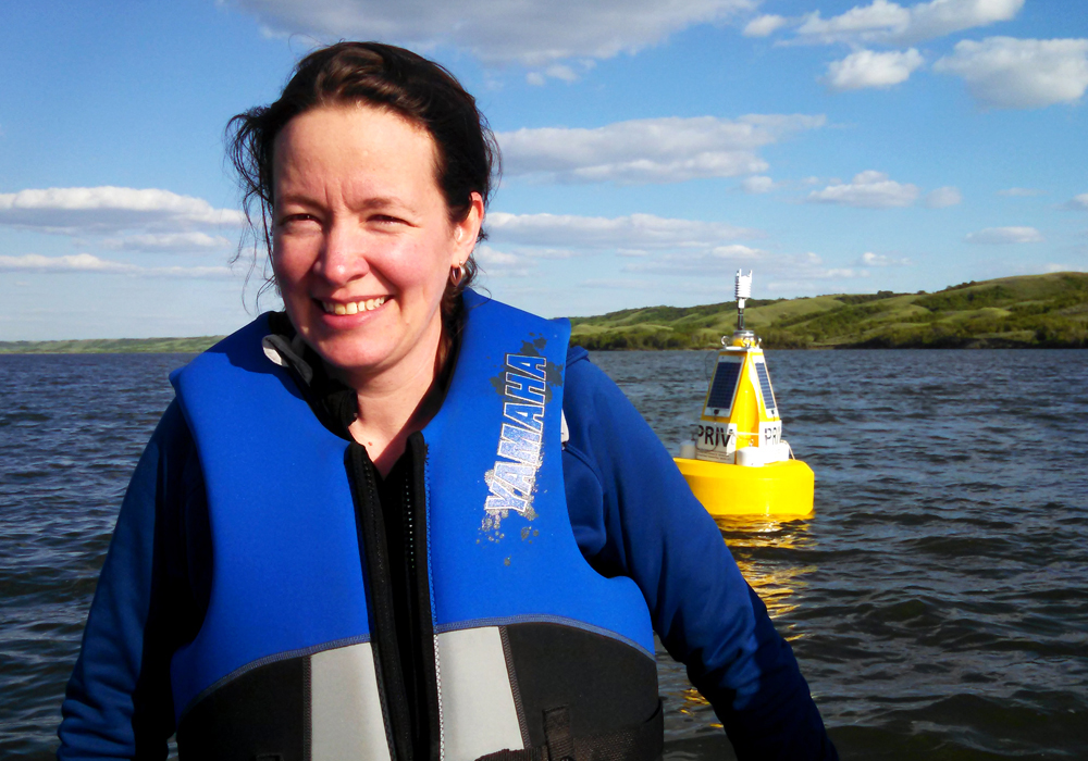 Helen Baulch, here on Buffalo Pound Lake, is a lead investigator on the buoy project. (Credit: Mike Voellmecke)