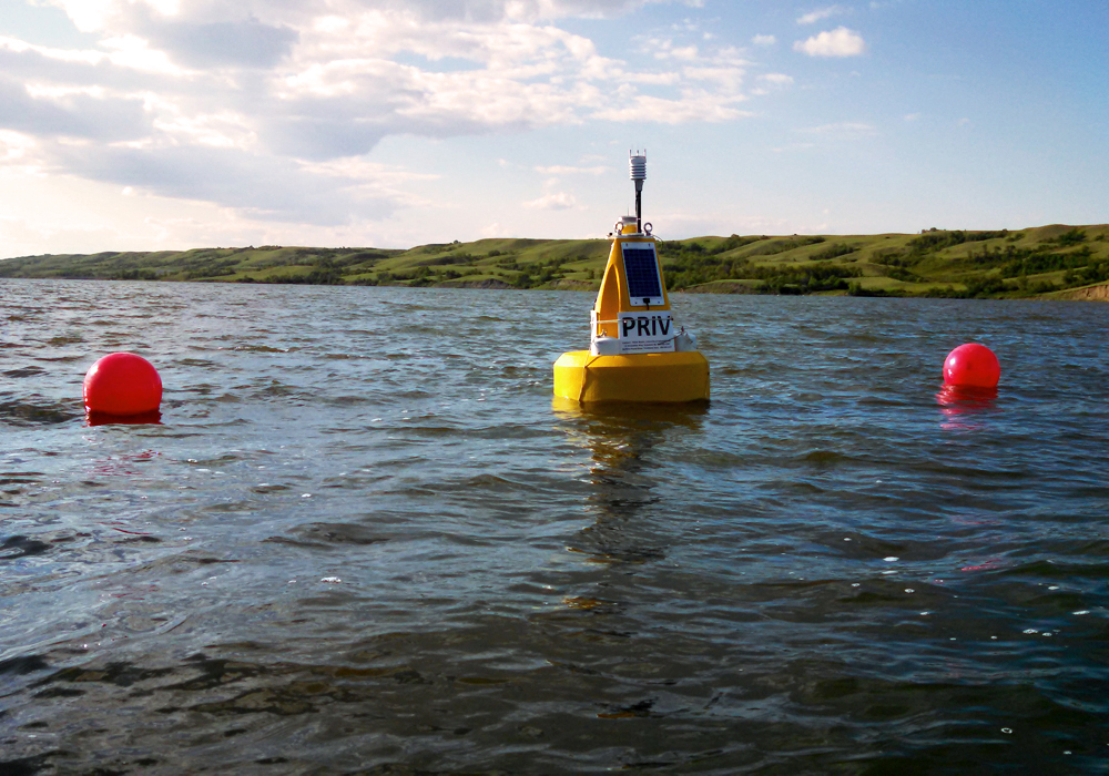 The Buffalo Pound Lake buoy sends data to University of Saskatchewan researchers and Buffalo Pound Water Treatment Plant operators. (Credit: Mike Voellmecke)