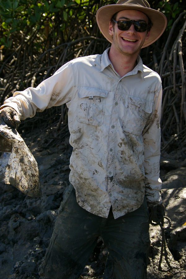 Hand-catching crabs was muddy, inefficient work compared to photographic surveys. (Credit: Peter Vermeiren)