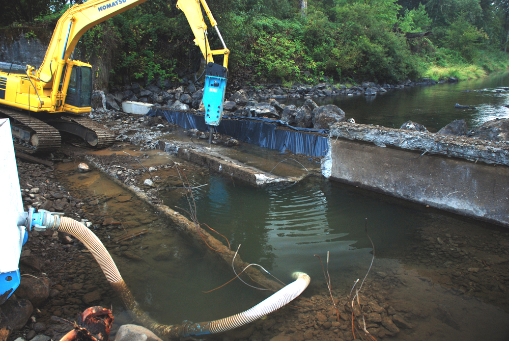 Heavy equipment takes down a dam on the Calapooia River (Credit: River Engineering & Restoration Lab)