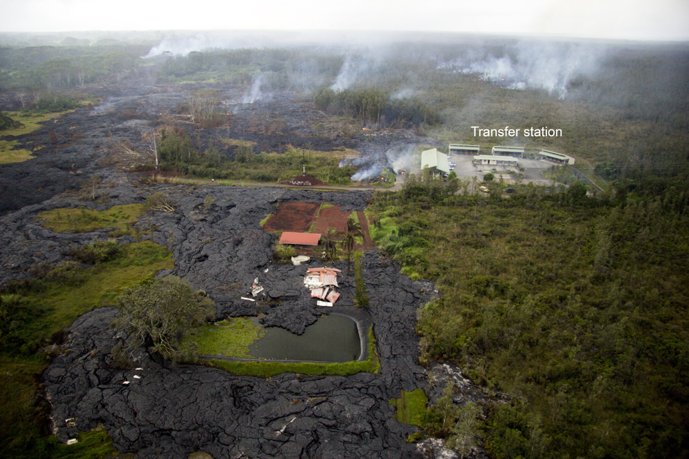 Nov. 12: The lava destroyed the house in the center of the photo, but spared the garage, which still stands. (Credit: USGS HVO)
