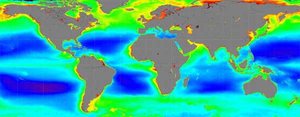 Global ocean color observation with the SeaWIFS satellite sensors. (Credit: NASA)