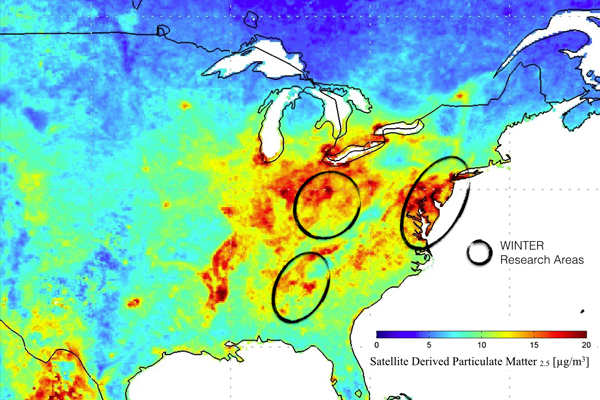 A satellite map shows particulate matter over the Northeast urban corridor, Ohio River Valley and Mid-Atlantic states. (Credit: A. Rockwell, National Center for Atmospheric Research)