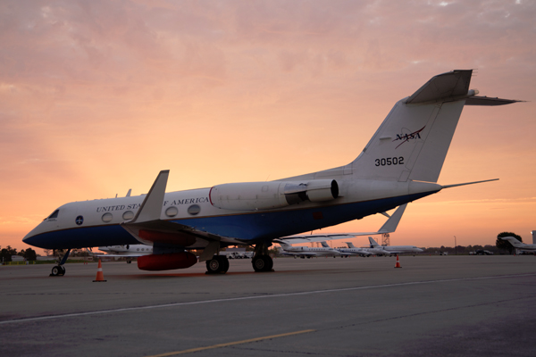 NASA's C-20A research plane sits at Louis Armstrong New Orleans International Airport before its first science flight. (Credit: NASA)