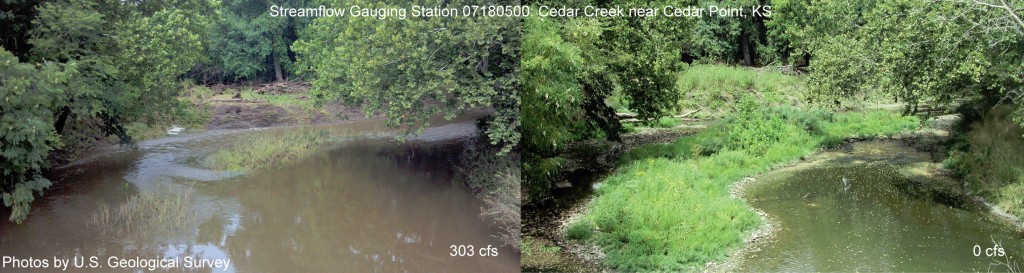 Cedar Creek (shown in August 2013 and 2012, left to right) is a typical intermittent stream with flow rates changing drastically from year to year. (Credit: USGS)