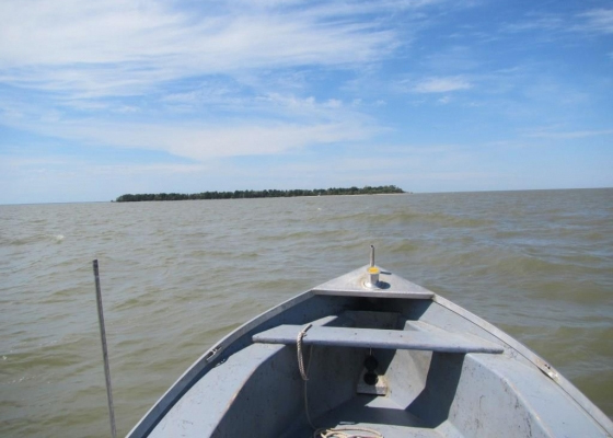 he view from a chartered boat as Montana Space Grant officials sped toward Lake Winnipeg’s Nut Island to recover a lost weather balloon. (Credit: Berk Knighton / BOREALIS)